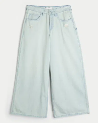 Hollister Ultra Low-rise Distressed Floral Graphic Drapey Beyond Baggy Jeans In Light Wash