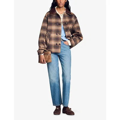 Sandro Womens  Checked Leather-collar Wool-blend Coat In Brown