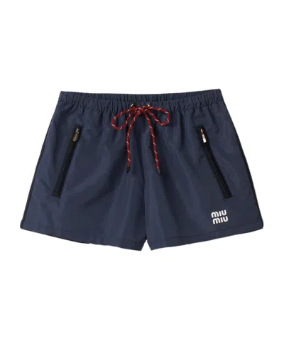 Miu Miu Drawstring Zip-pocket Shorts In Blue