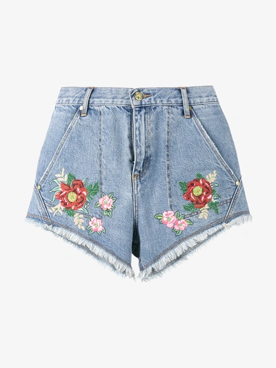 House Of Holland X Lee Flower Embroidered Denim Shorts In Blue