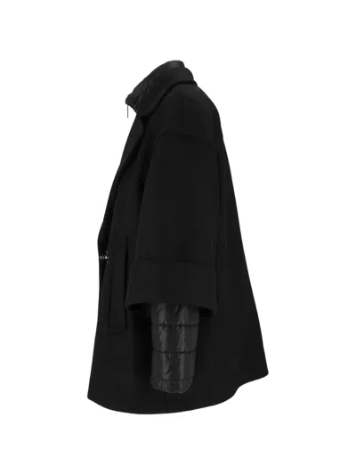 Fay Black Double-breasted Removable Down Lining Wool-blend Cape In Black