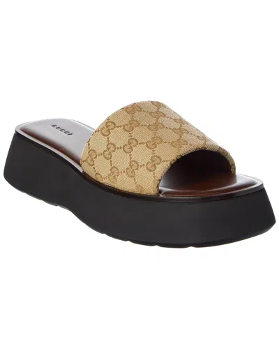 Gucci Platform Slide Sandal Canvas Upper Logo In Brown