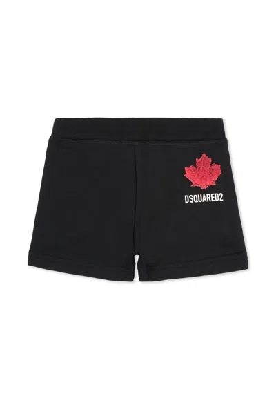 Dsquared2 Kids Drawstring Maple Leaf Casual Shorts In Black