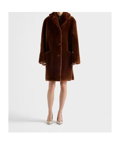 Prada Womens Brown Shearling Midi Coat In Brown