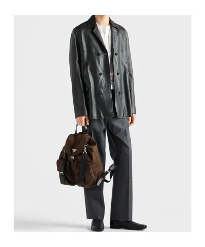 Prada Double-breasted Nappa Leather Caban Jacket In Black