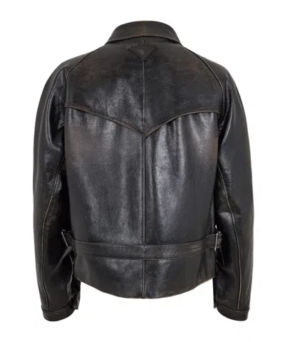 Prada Front Zip Leather Jacket In Black
