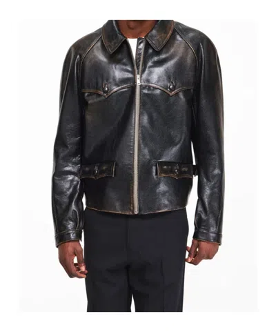 Prada Front Zip Leather Jacket In Black