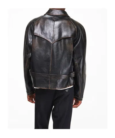 Prada Front Zip Leather Jacket In Black