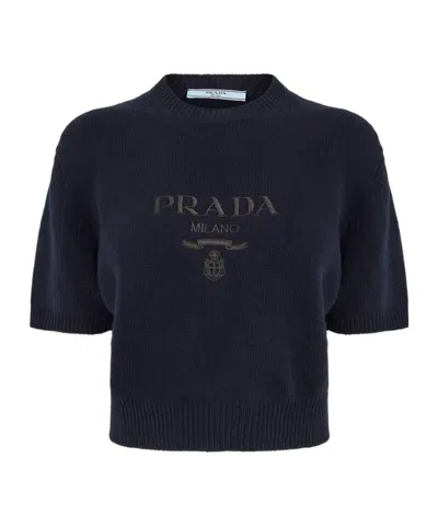 Prada Short-sleeved Knit Sweater In Blue