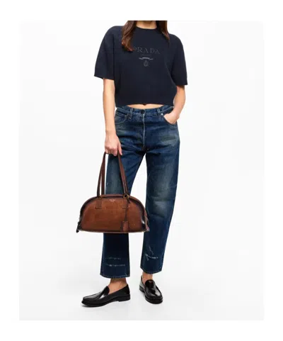 Prada Short-sleeved Knit Sweater In Blue