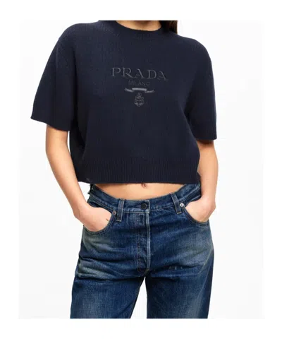 Prada Short-sleeved Knit Sweater In Blue