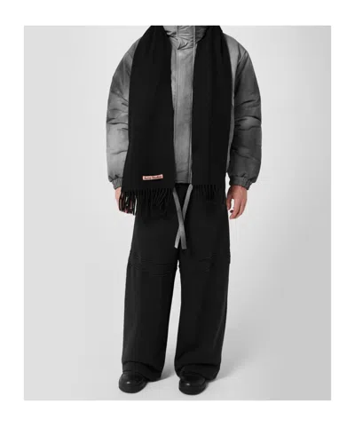 Acne Studios Logo-tag Frayed-edge Scarf In Black
