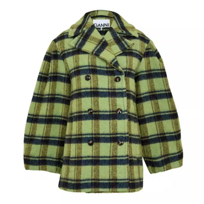 Ganni Oversized Double-breasted Checked Brushed-wool Coat In Green