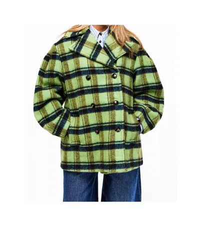 Ganni Oversized Double-breasted Checked Brushed-wool Coat In Green