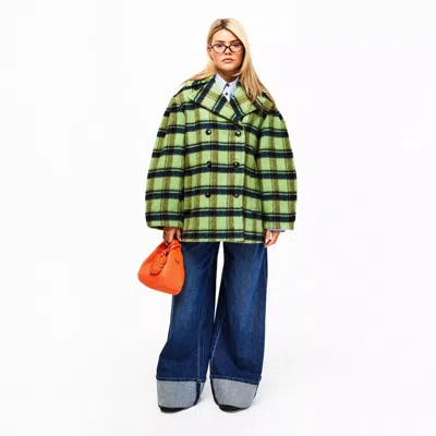 Ganni Oversized Double-breasted Checked Brushed-wool Coat In Green