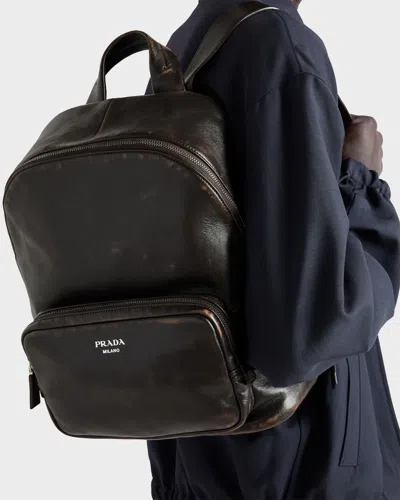 Prada Distressed Nappa Leather Backpack In Brown