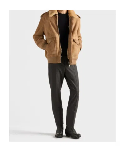 Prada Suede And Shearling Bomber Jacket In Orange