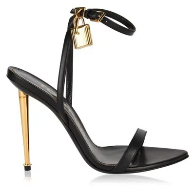Tom Ford Open Toe Ankle Strap Pump Gold Hardware In Black