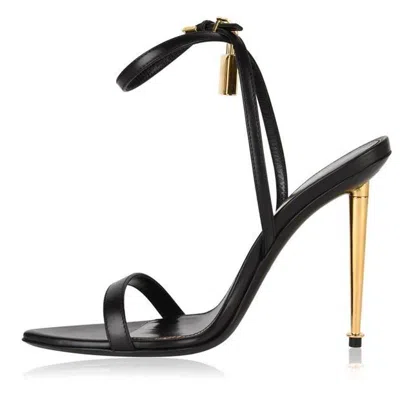 Tom Ford Open Toe Ankle Strap Pump Gold Hardware In Black