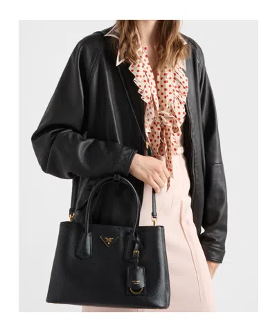 Prada Double Medium Saffiano Leather Bag In Black