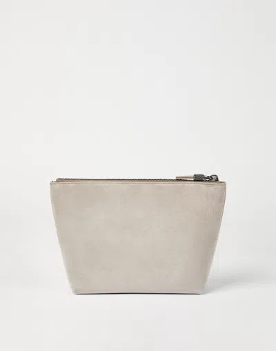 Brunello Cucinelli Suede Pouch With Shiny Zipper Pull In White