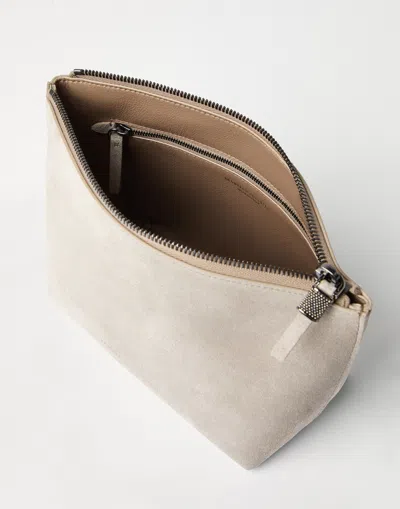 Brunello Cucinelli Suede Pouch With Shiny Zipper Pull In White