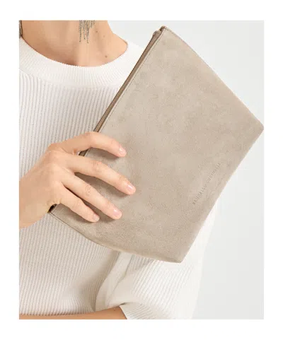 Brunello Cucinelli Suede Pouch With Shiny Zipper Pull In White