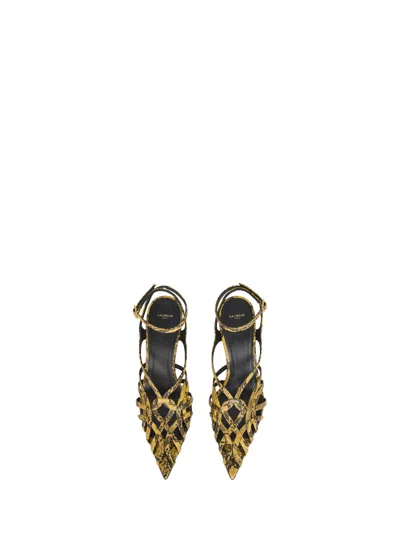 Balmain Python-effect Leather Cage Sandals In Yellow