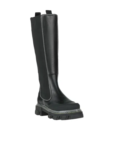 Ganni Solid Color Leather Platform Boots In Black