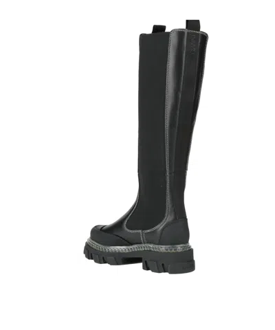 Ganni Solid Color Leather Platform Boots In Black