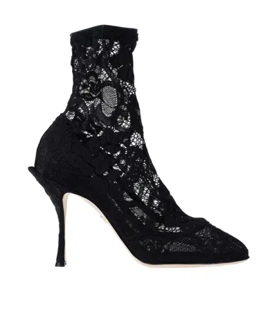 Dolce & Gabbana Solid Lace Ankle Boots In Black