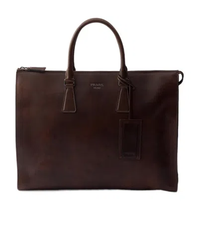 Prada Leather Tote Bag In Brown