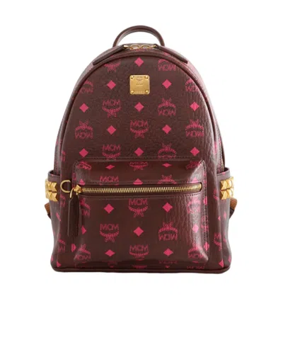 Mcm Stark Monogram-print Studded Backpack In Burgundy
