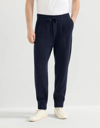 Brunello Cucinelli Cashmere English Rib Knit Joggers In Blue