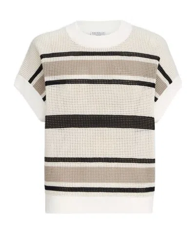 Brunello Cucinelli Striped Cotton Net Knit T-shirt In Multi