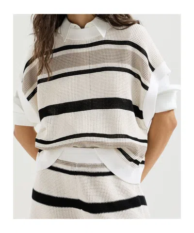 Brunello Cucinelli Striped Cotton Net Knit T-shirt In Multi