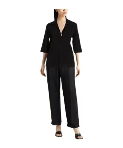 Max Mara Collared Half-placket Three-quarter Sleeve Top In Black