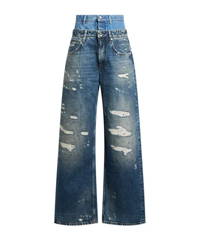 Dolce & Gabbana Women Blue Jeans With Layered Design And Distressed And Ripped Effect In Denim Woman In Blue