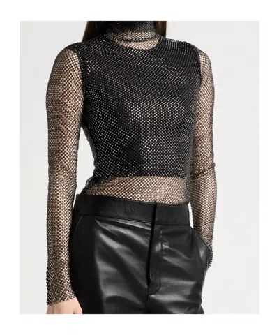 Sportmax Sheer Fishnet Long-sleeve Fitted Top With High Neck In Black