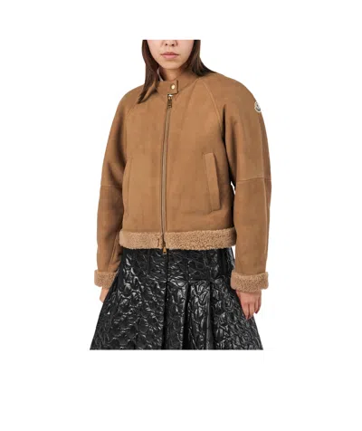 Moncler Tan Suede Jacket In Brown