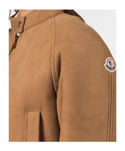 Moncler Tan Suede Jacket In Brown