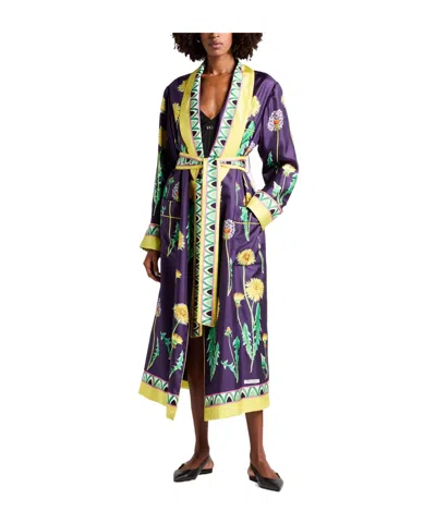 Dolce & Gabbana Floral Silk Long Sleeve Lounge Robe In Purple