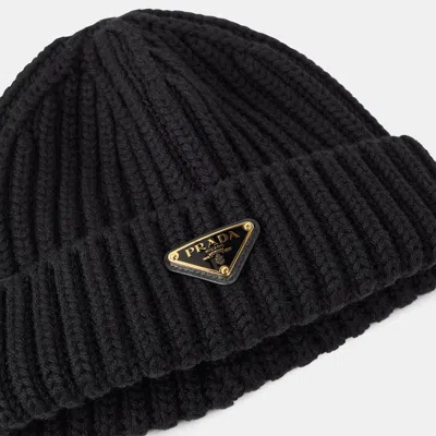 Prada Classic Logo Knit Hat In Black