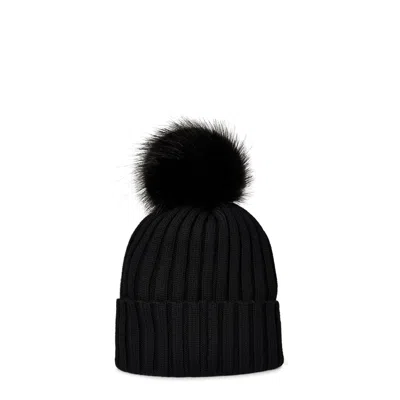 Moncler Ribbed Knit Wool Beanie With Faux Fur Pom-pom In Black