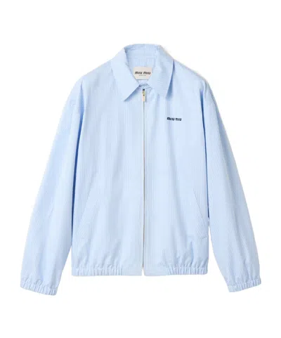 Miu Miu Gingham Cotton Collared Zip Jacket In Blue