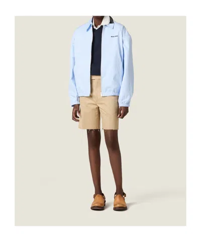Miu Miu Gingham Cotton Collared Zip Jacket In Blue