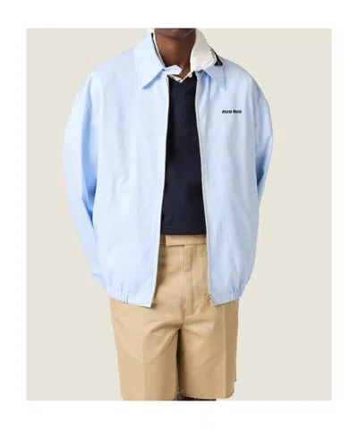 Miu Miu Gingham Cotton Collared Zip Jacket In Blue