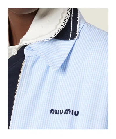Miu Miu Gingham Cotton Collared Zip Jacket In Blue