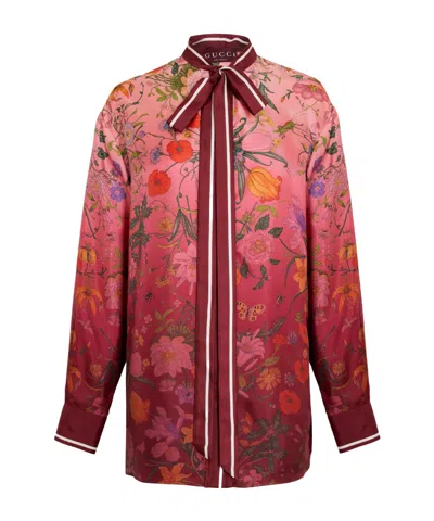Gucci Bordeaux Shirt With Collar With Bow And All-over Flora Print In Silk Woman In Brown