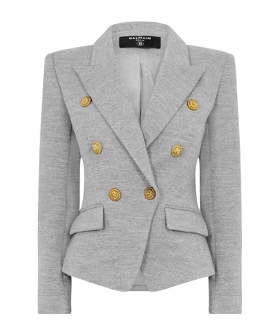 Balmain Wool-blend Jersey Double-breasted Blazer In Gray